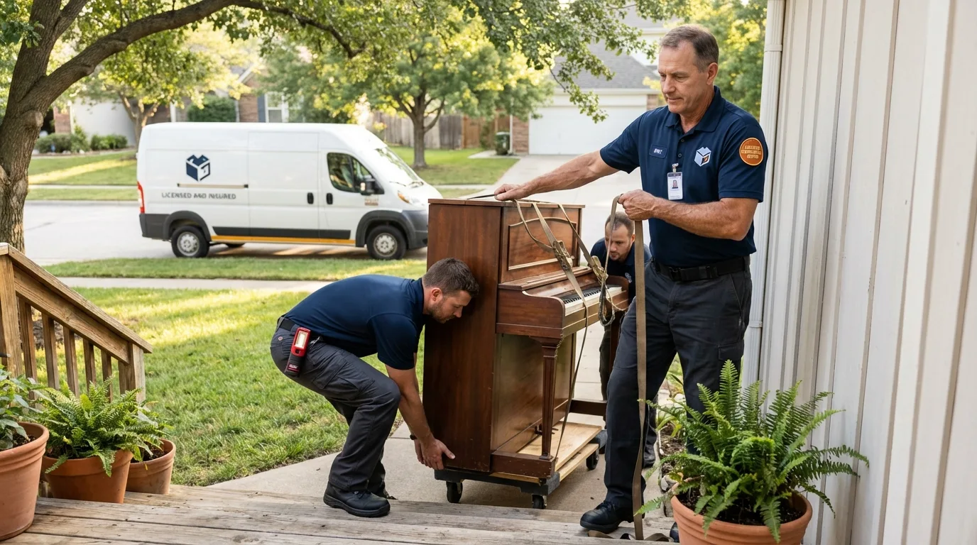 Licensed piano movers securing grand piano in Winchendon, MA