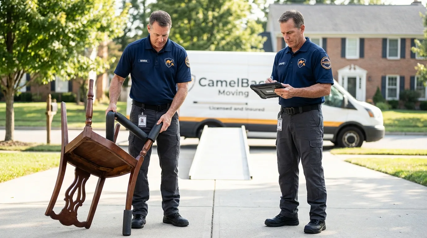 Movers inspecting furniture for damage prevention before loading in Winchendon, MA