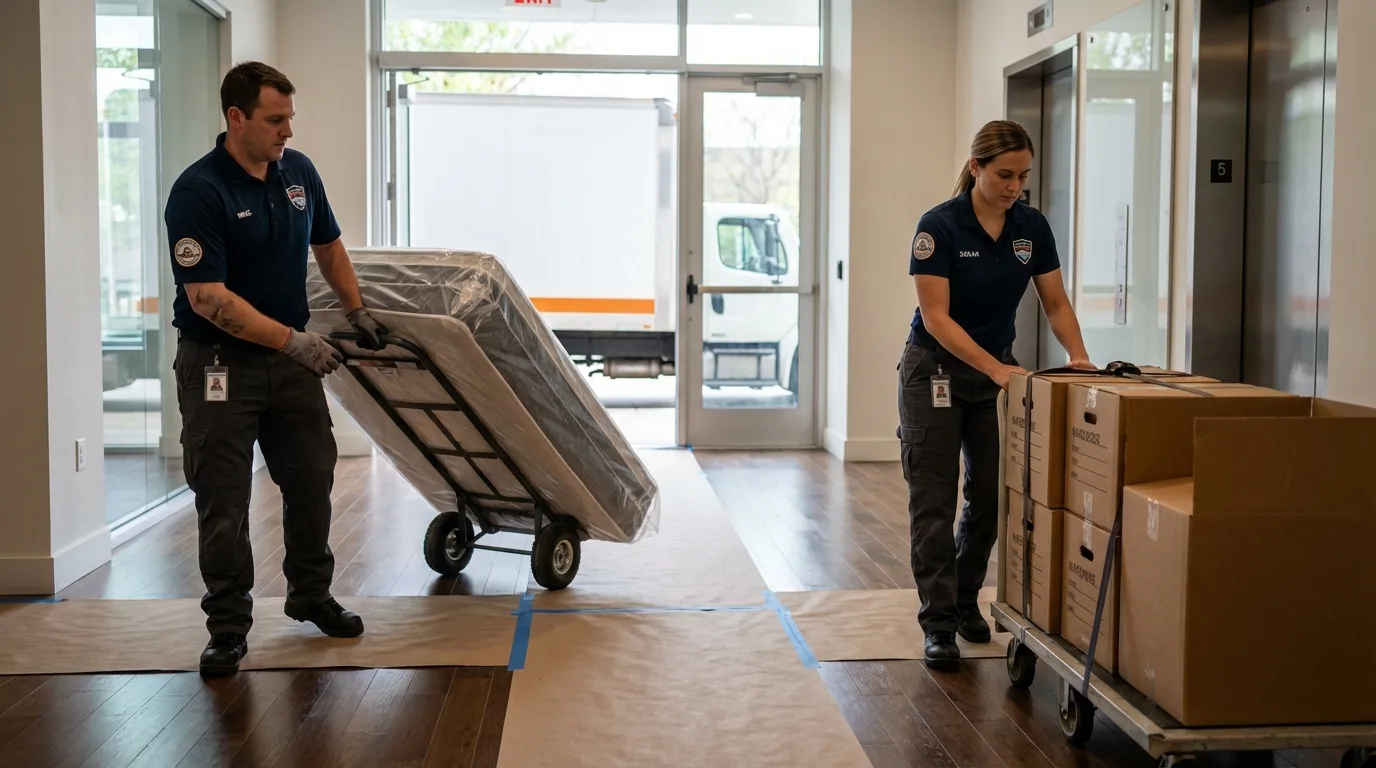 Professional apartment movers loading elevator in Winchendon, MA