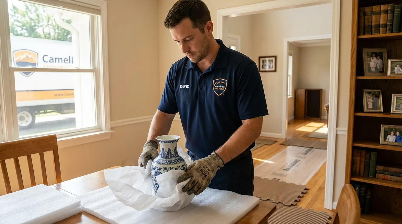 Professional crew carefully wrapping antique vase for senior downsizing move in Winchendon, MA
